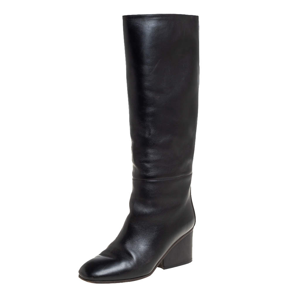 Pre Owned Hermes Black Leather Knee Length Boots Size 38
