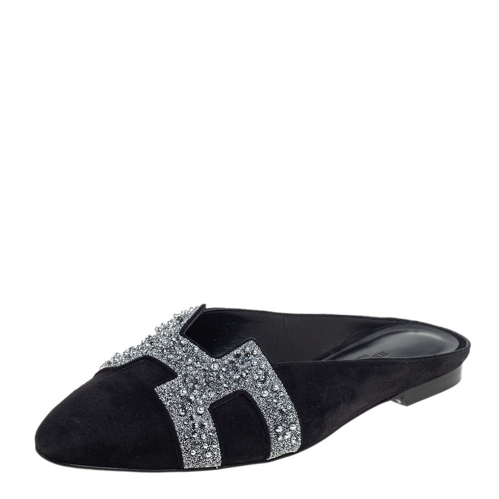 Pre Owned Hermes Black/Silver Suede And Crystal Roxane Mules Size 37