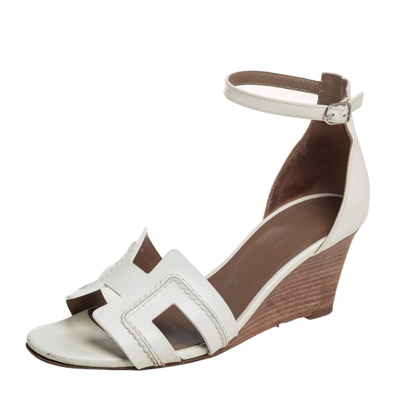 Pre Owned Hermes White Leather Legend Wedge Ankle Strap Sandals Size 38.5