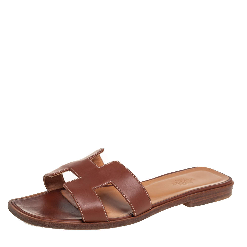 Hermes Brown Leather Oran Flat Sandals Size 38