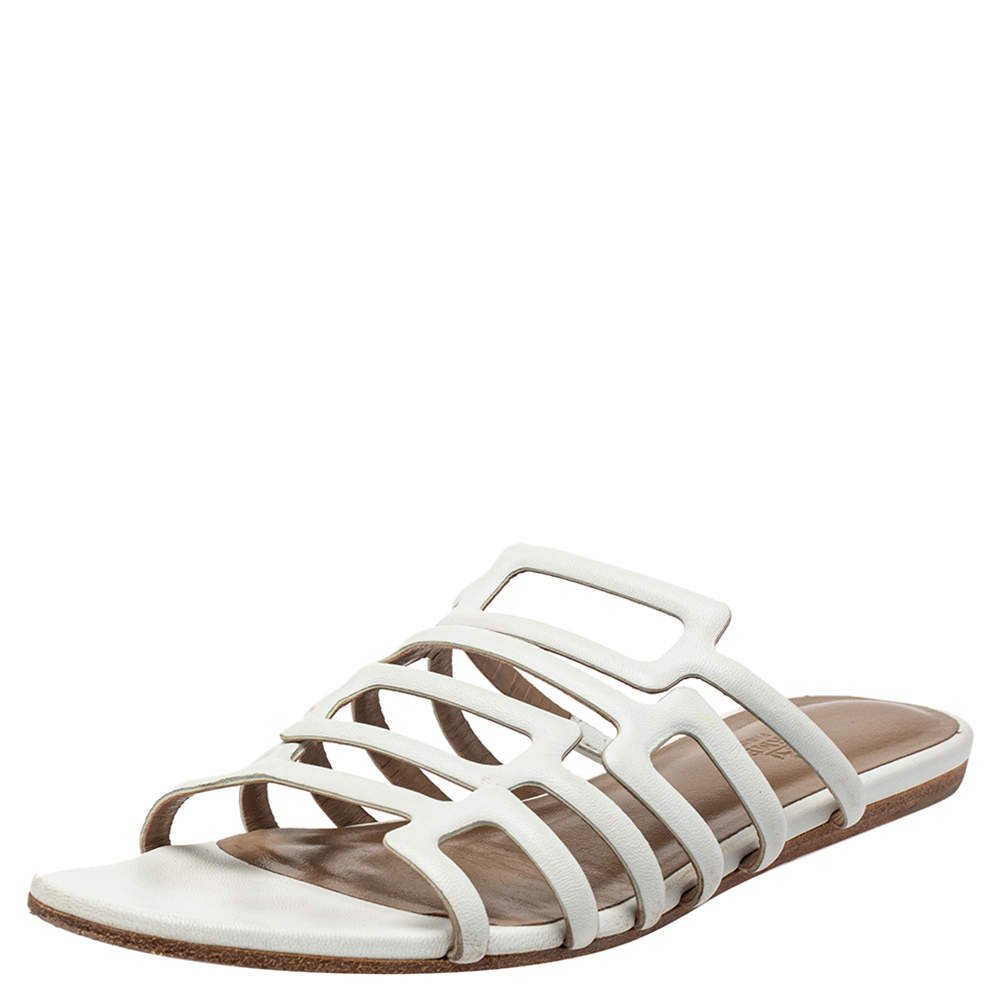 Hermés White Leather Olympe Flat Slides Size 37