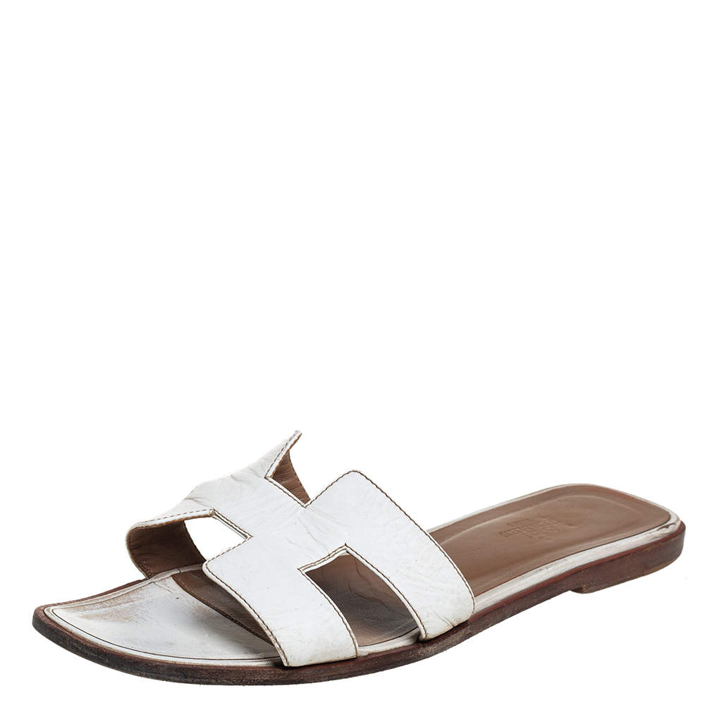 Hermes White Leather Oran Flats Size 39