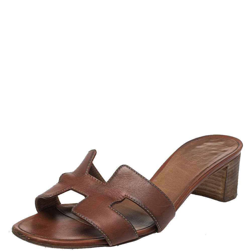 Pre Owned Hermes Brown Leather Oasis Block Heel Slide Sandals Size 38