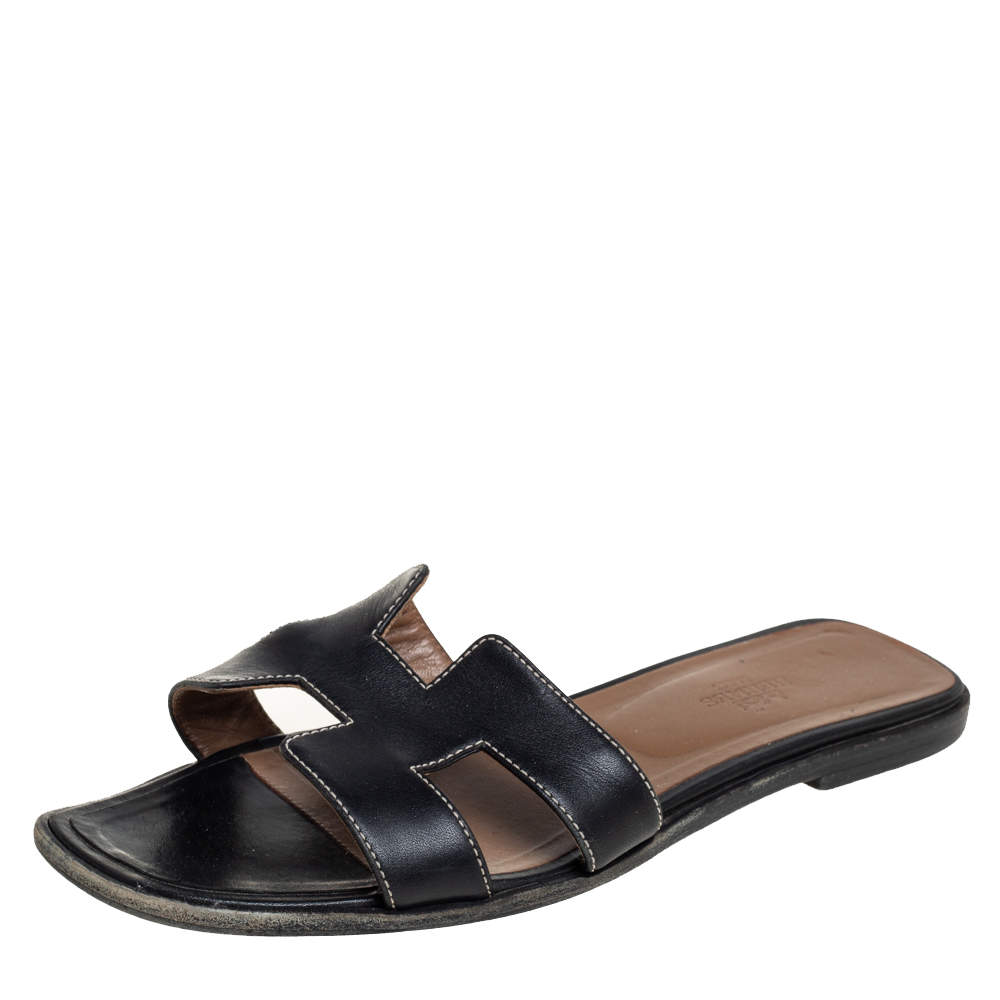 Hermes Black Leather Oran Sandals Size 38.5