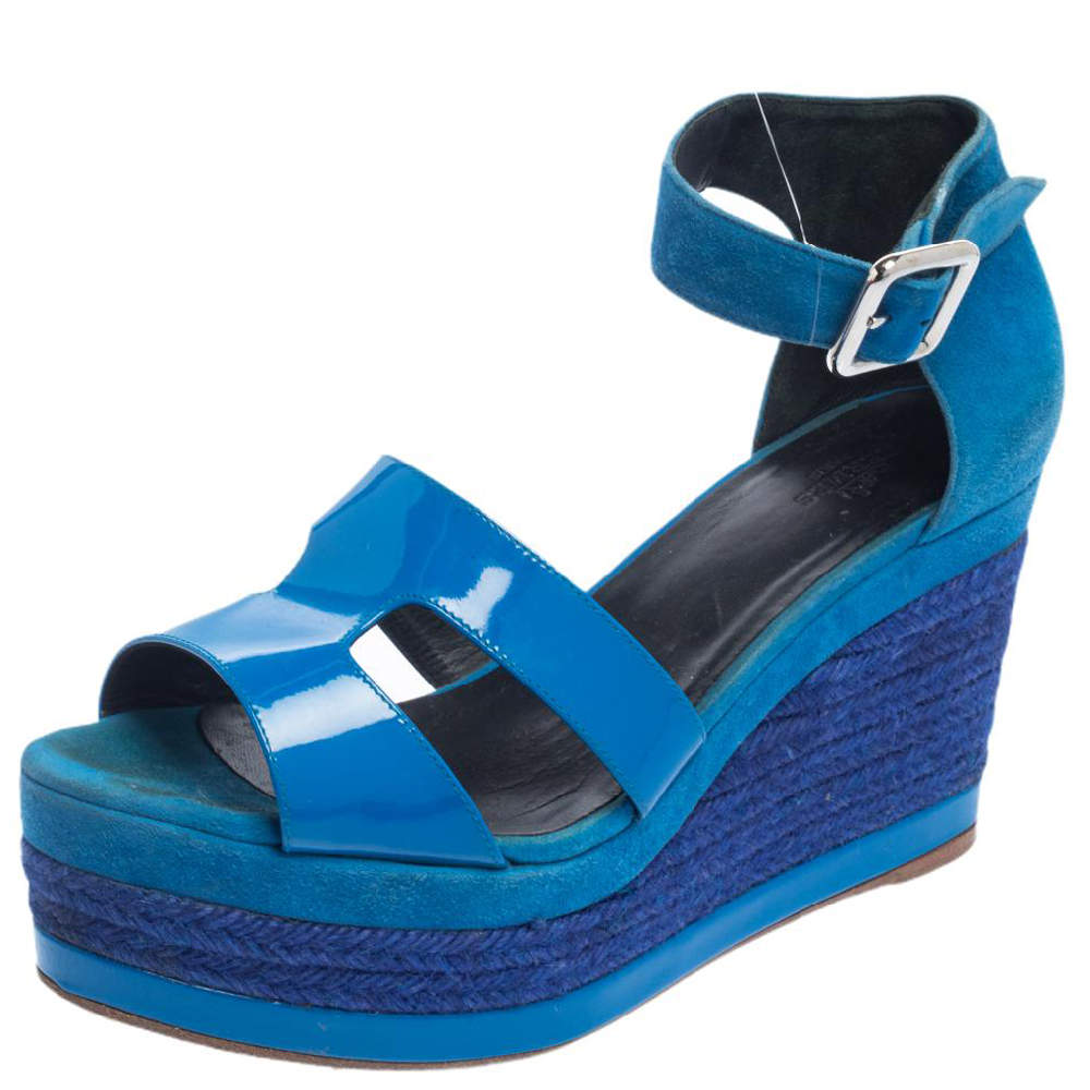 Pre Owned Hermes Blue Suede And Patent Leather Ilana Espadrille Wedge Sandals Size 38