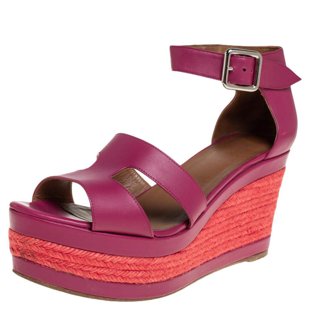 Pre Owned Hermes Pink Leather Ilana Espadrille Wedge Sandals Size 39
