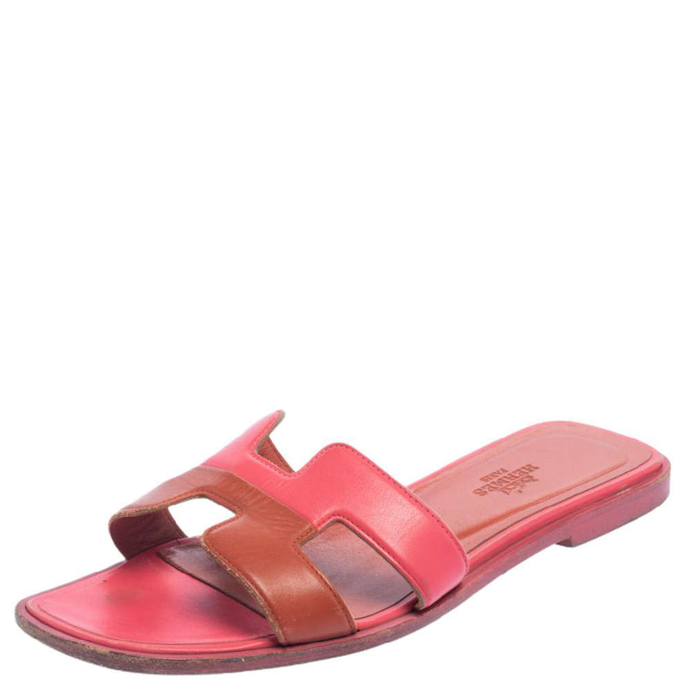 Pre Owned Hermes Two Tone Leather Oran Flats Size 36