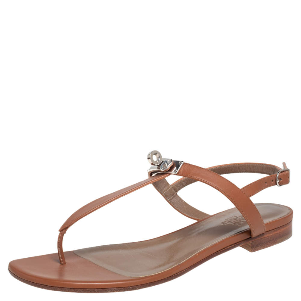 Pre Owned Hermes Brown Leather Olivia Thong Sandals Size 37.5