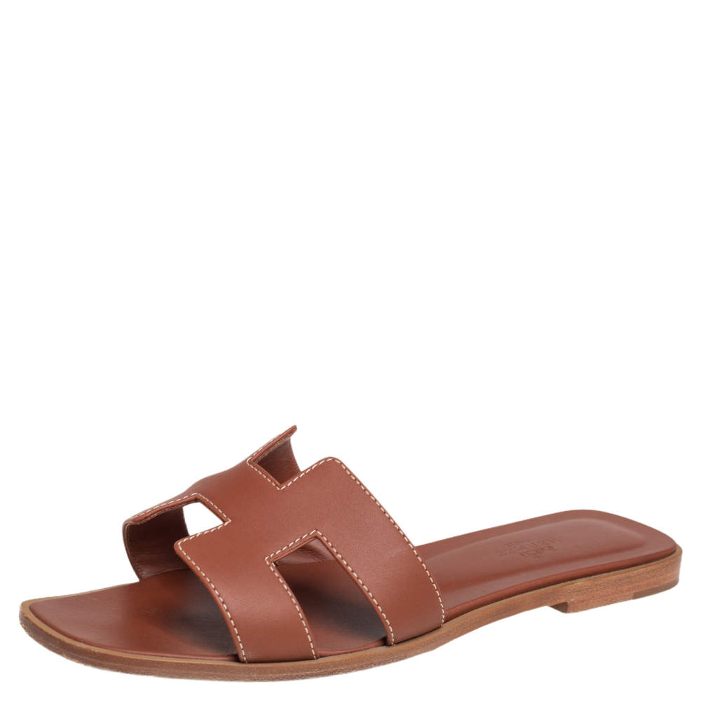 Pre Owned Hermes Brown Leather Oran Sandals Size 37.5