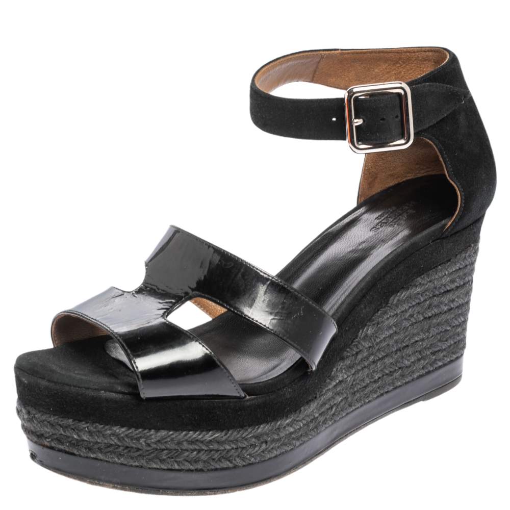 Hermes Black Patent Leather And Suede Ilana Espadrille Wedge Sandals ...