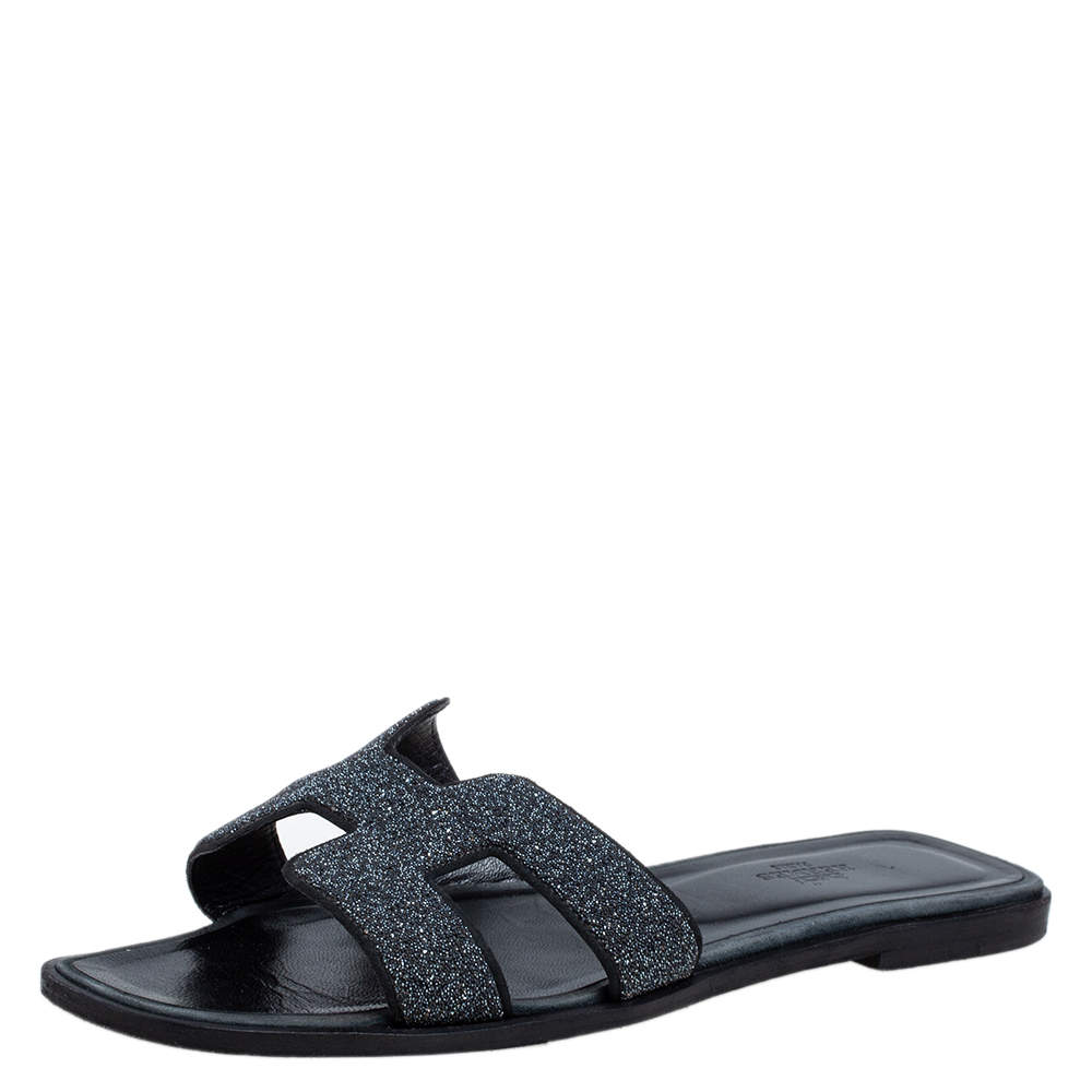 Hermés Black Crystal Embellished Suede Oran Sandals Size 39