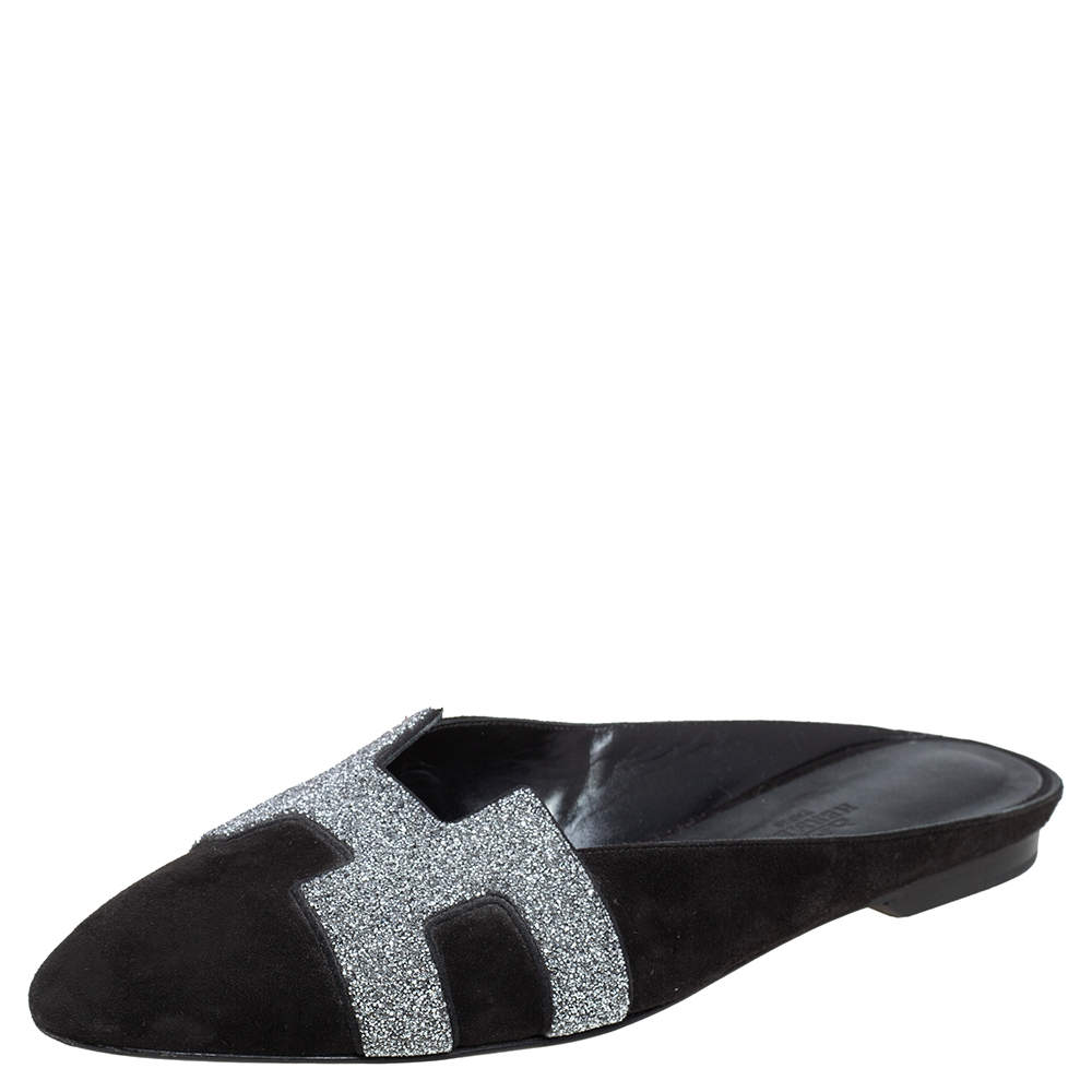 Pre Owned Hermès Black Suede Roxane Mule Sandals Size 38