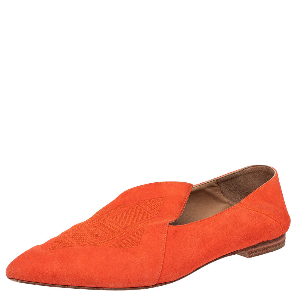 Hermes Orange Suede Logo Embroidered Pointed Toe Smoking Slippers Size 41