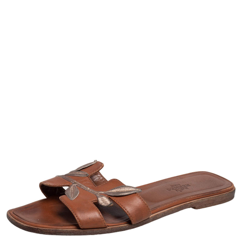 Pre Owned Hermès Brown Leather Gold Leaves Oran Flats Size 37.5