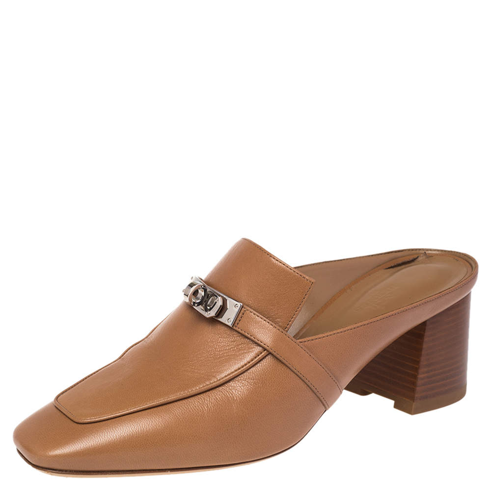 Pre Owned Hermes Brown Leather Blossom Mules Size 40.5