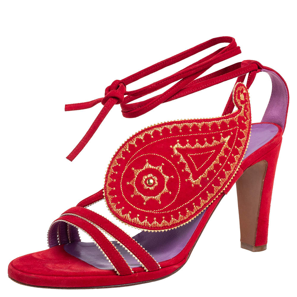 Hermes Red Suede Embroidered Tie Up Sandals Size 37