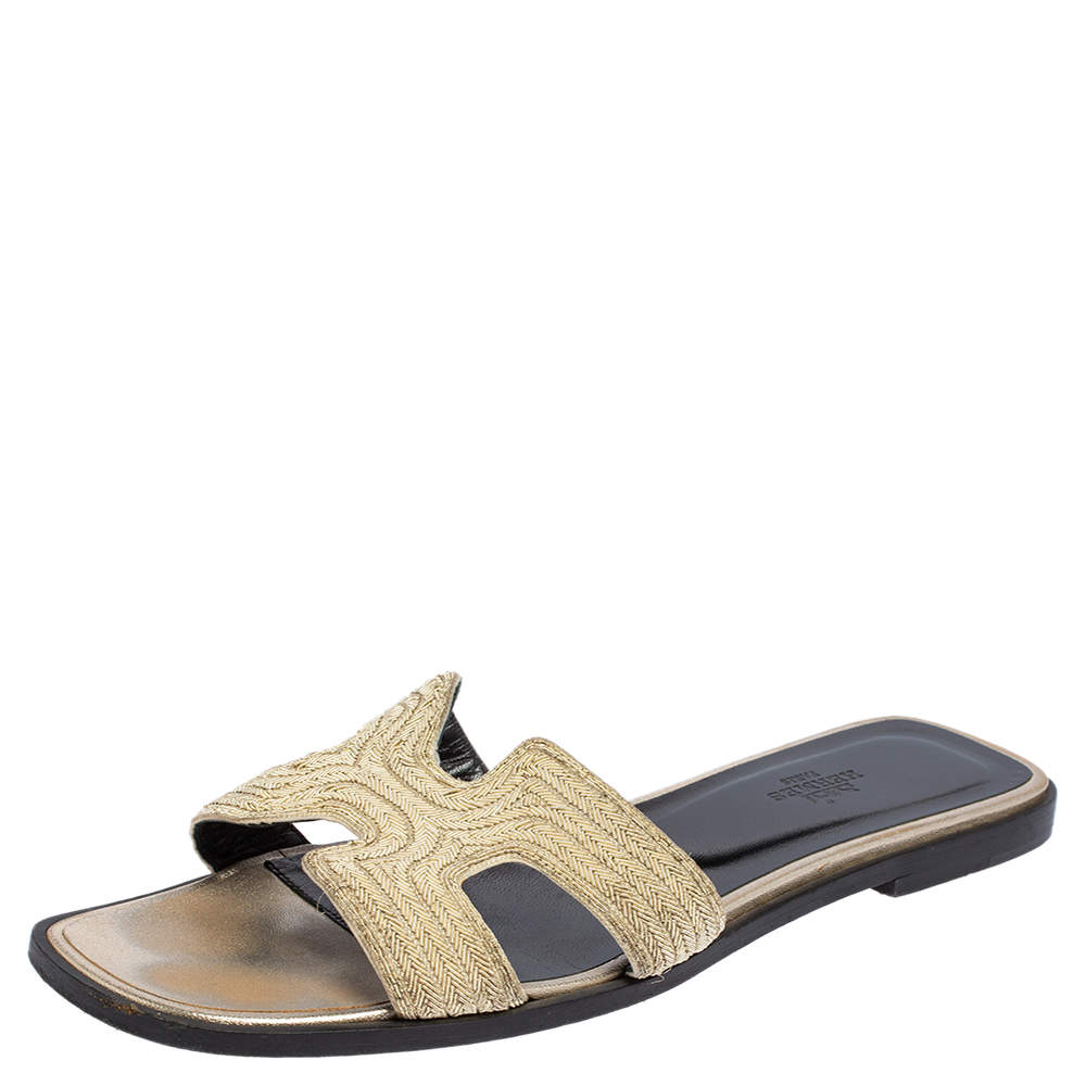 Hermes Cream Embroidered Fabric Oran Flat Slides Size 39