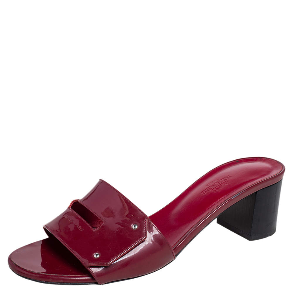 Hermes Red Patent Leather View Slide Sandals Size 37.5