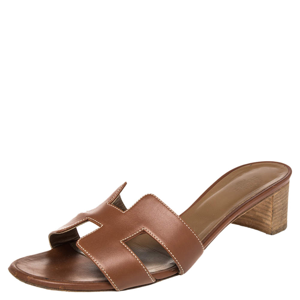 Hermes Brown Leather Oasis Slide Sandals Size 41