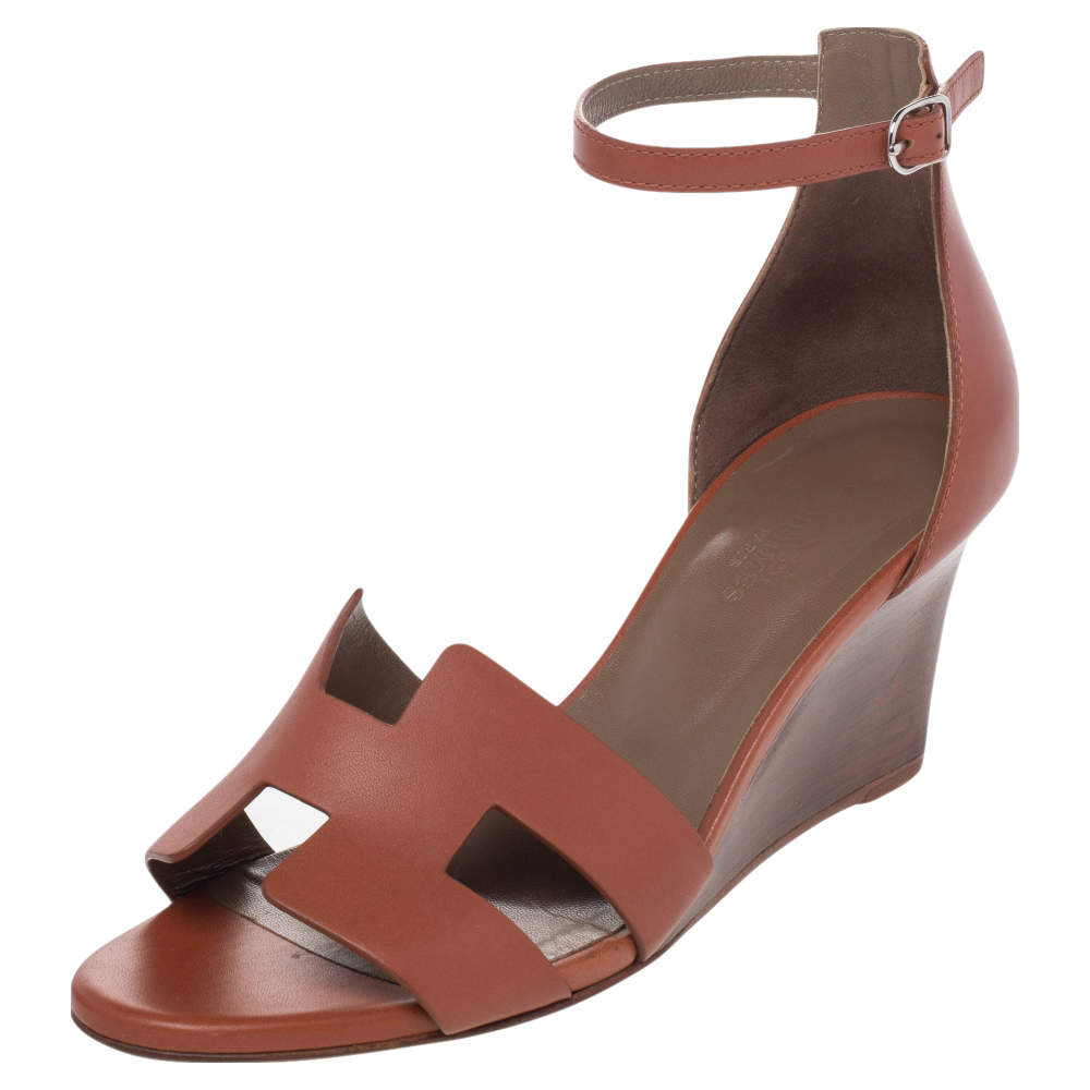 Pre Owned Hermes Brown Leather Legend Ankle Strap Wedge Sandals Size 38