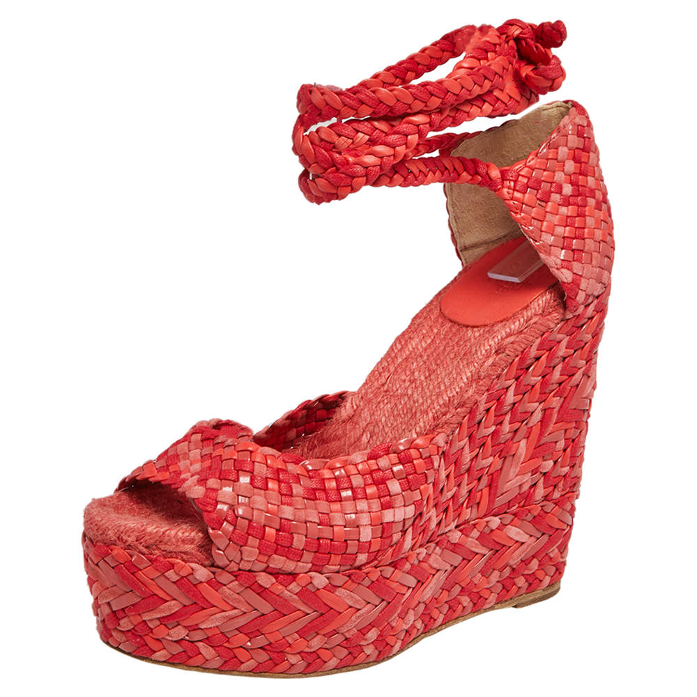 Pre Owned Hermes Red/Pink Leather And Suede Epice Tresse Espadrille Wedge Sandals Size 39