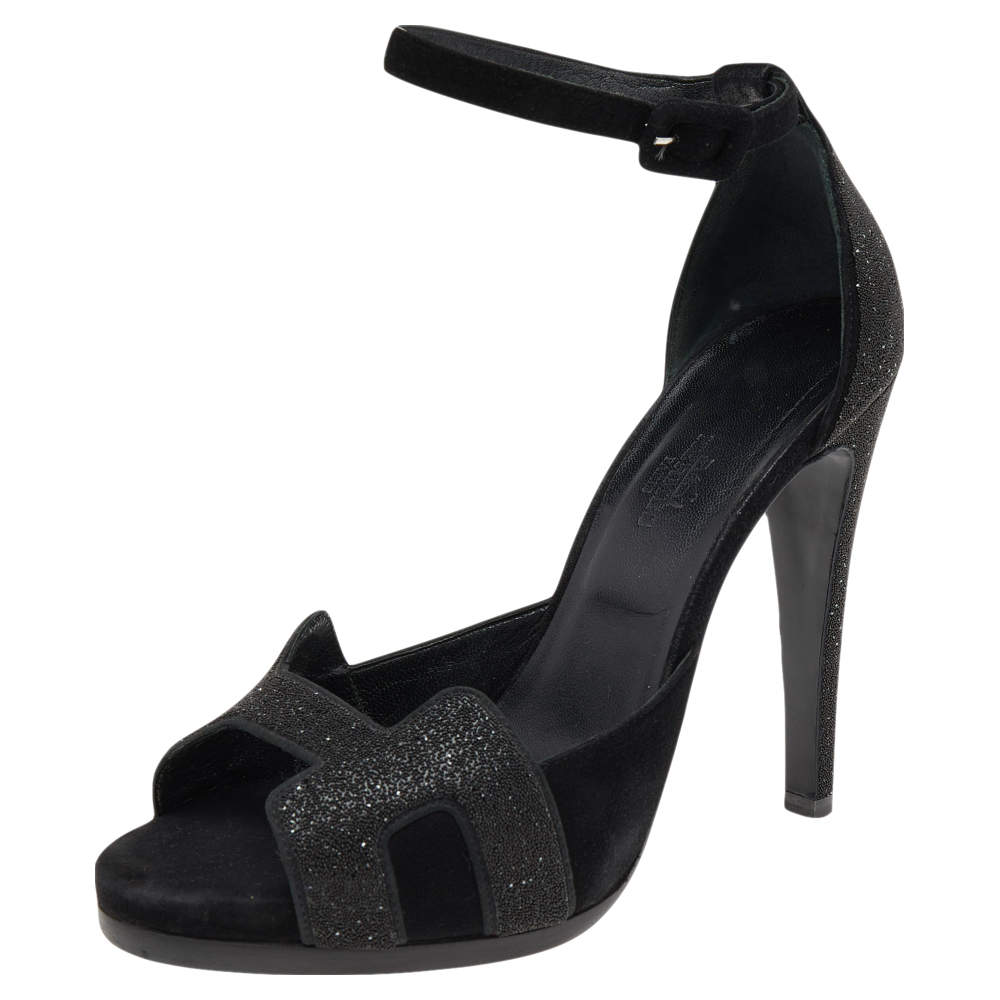 Pre Owned Hermes Black Suede Embellished Ankle Strap Sandals Size 38.5
