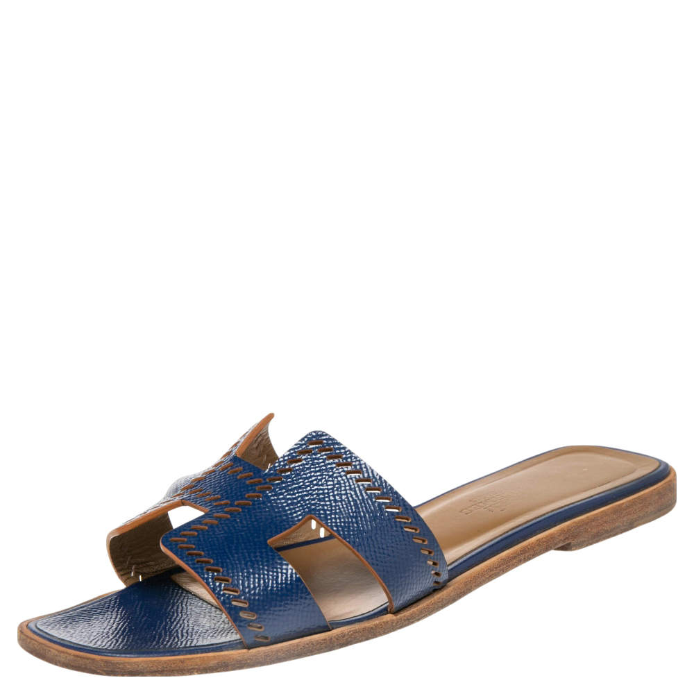 Hermes Blue Perforated Leather Oran  Sandals Size 37