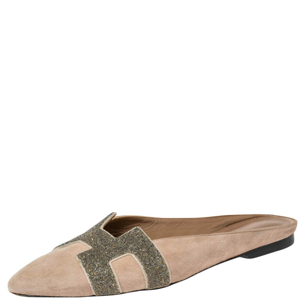 Hermes Beige Suede Roxane Mules Size 38