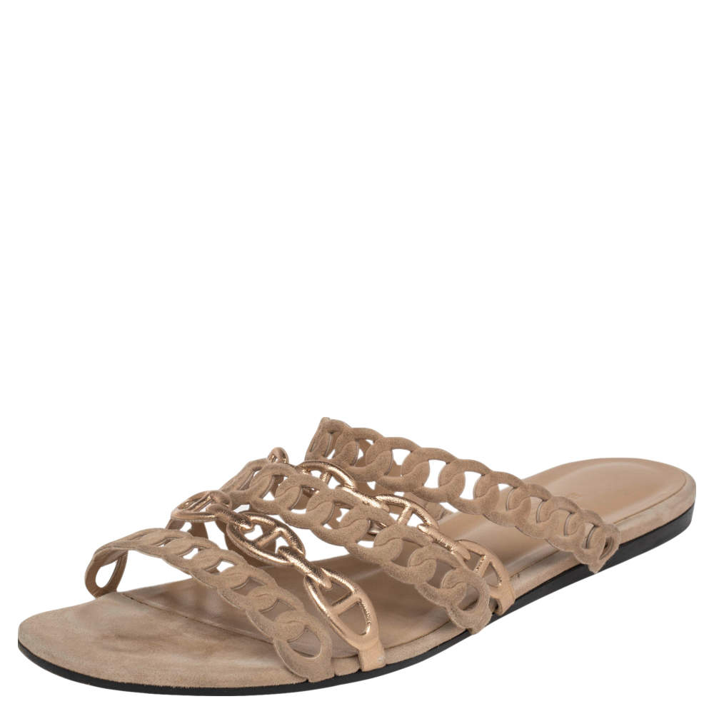 Hermes Beige/Gold Suede D'ancre Chaine  Flat Sandals Size 39
