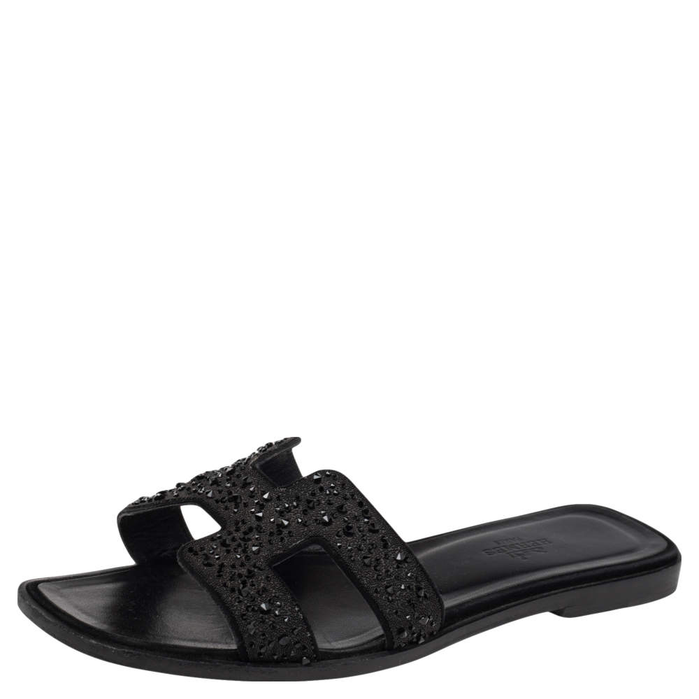 Hermes Black Suede Oran Crystal Embellished Sandals Size 37