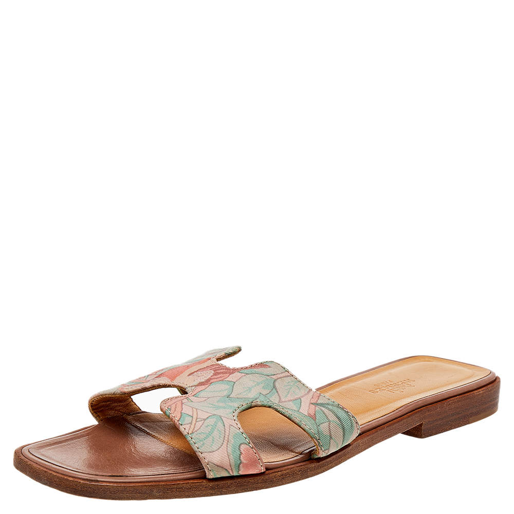 Hermes Beige Printed Canvas Oran Sandals Size 37