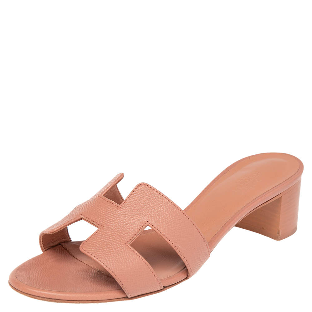 Pre Owned Hermes Rose Aube Epsom Leather Oasis Slide Sandals Size 37