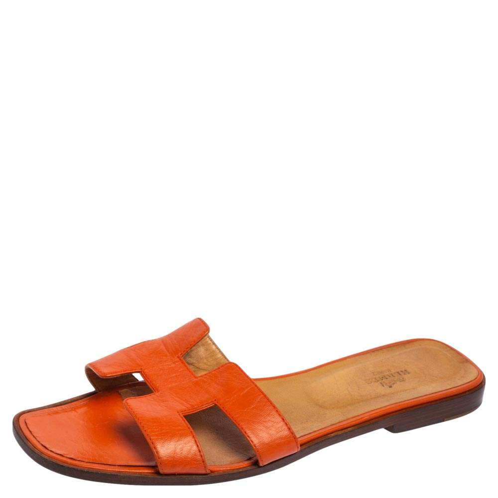 Pre Owned Hermes Orange Leather Oran Flat Slides Size 41