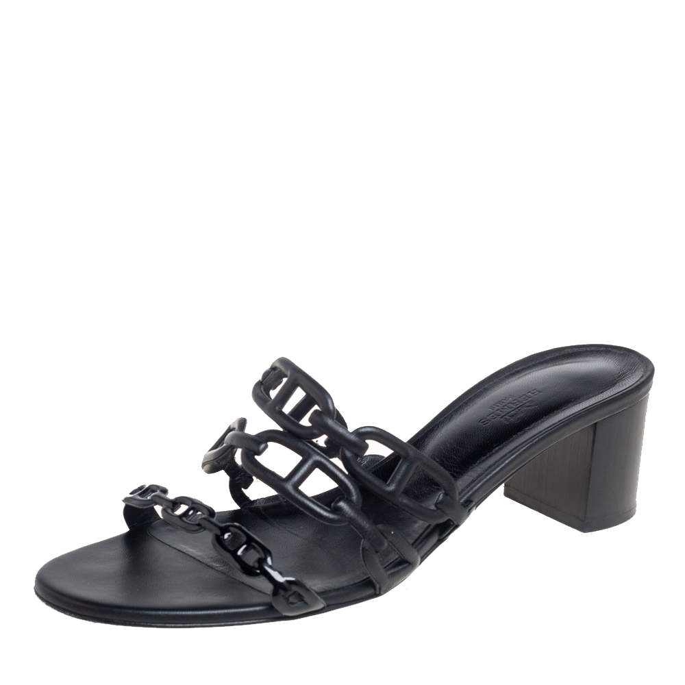 Pre Owned Hermes Black Leather Tandem Slide Sandals Size 40.5