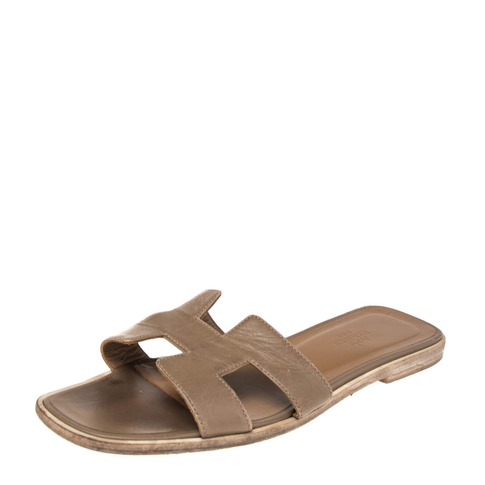 Hermes Brown Leather Oran Flat Sandals Size 37