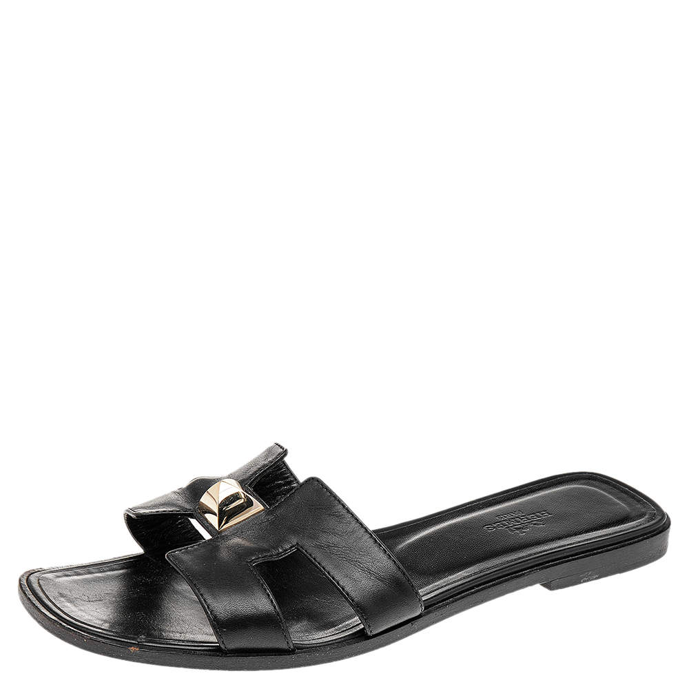 Hermes Black Leather Medor Pyramid Oran Flat Slides Size 38.5