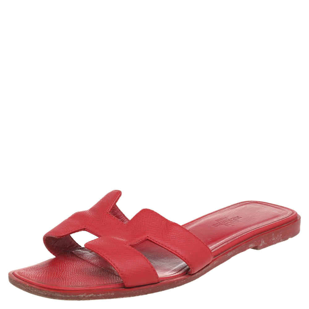 Pre Owned Hermes Red Leather Oran Flat Slides Size 36