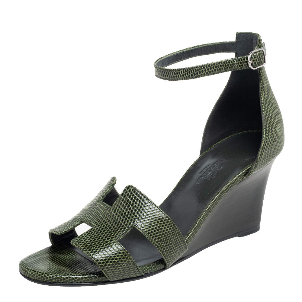Pre Owned Hermes Green Lizard Leather Legend Wedge Ankle Strap Sandals Size 37