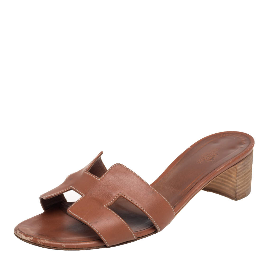 Hermes Brown Leather Oasis Sandals Size 38