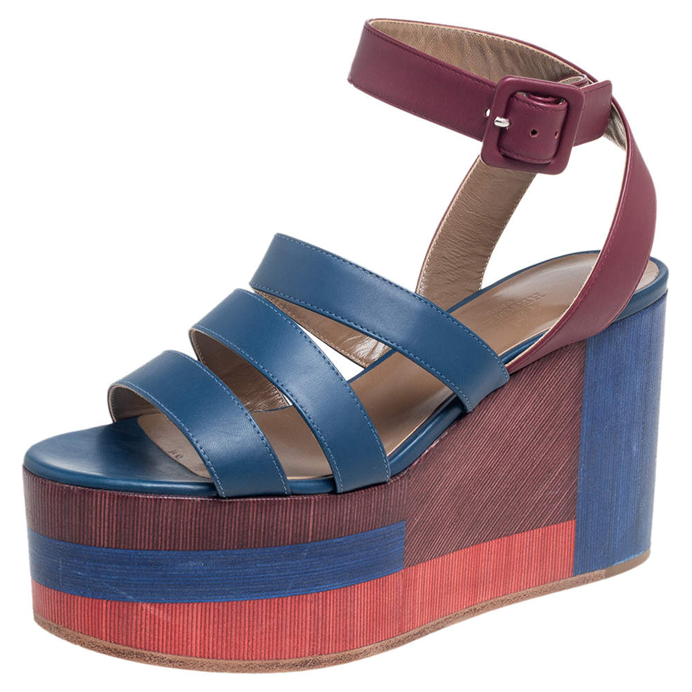 Hermes Multicolor Leather Strappy Wedge Platform Sandals Size 37.5 