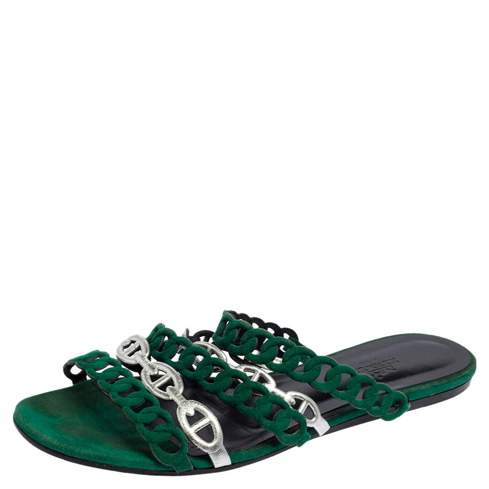 مملوكة مسبقًا Hermes Green/Silver Leather And Suede Chaine D'ancre Flat Sandals Size 38