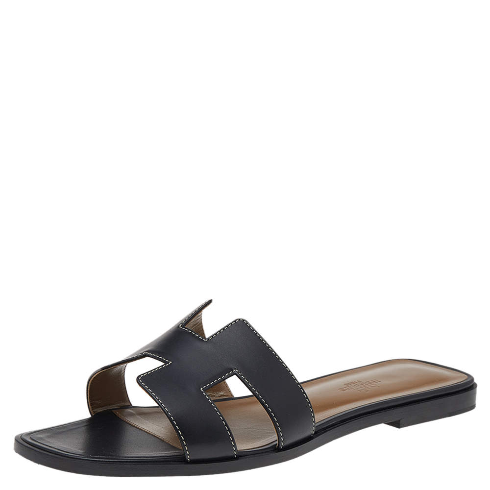 Pre Owned Hermes Black Leather Oran Sandals Size 40.5