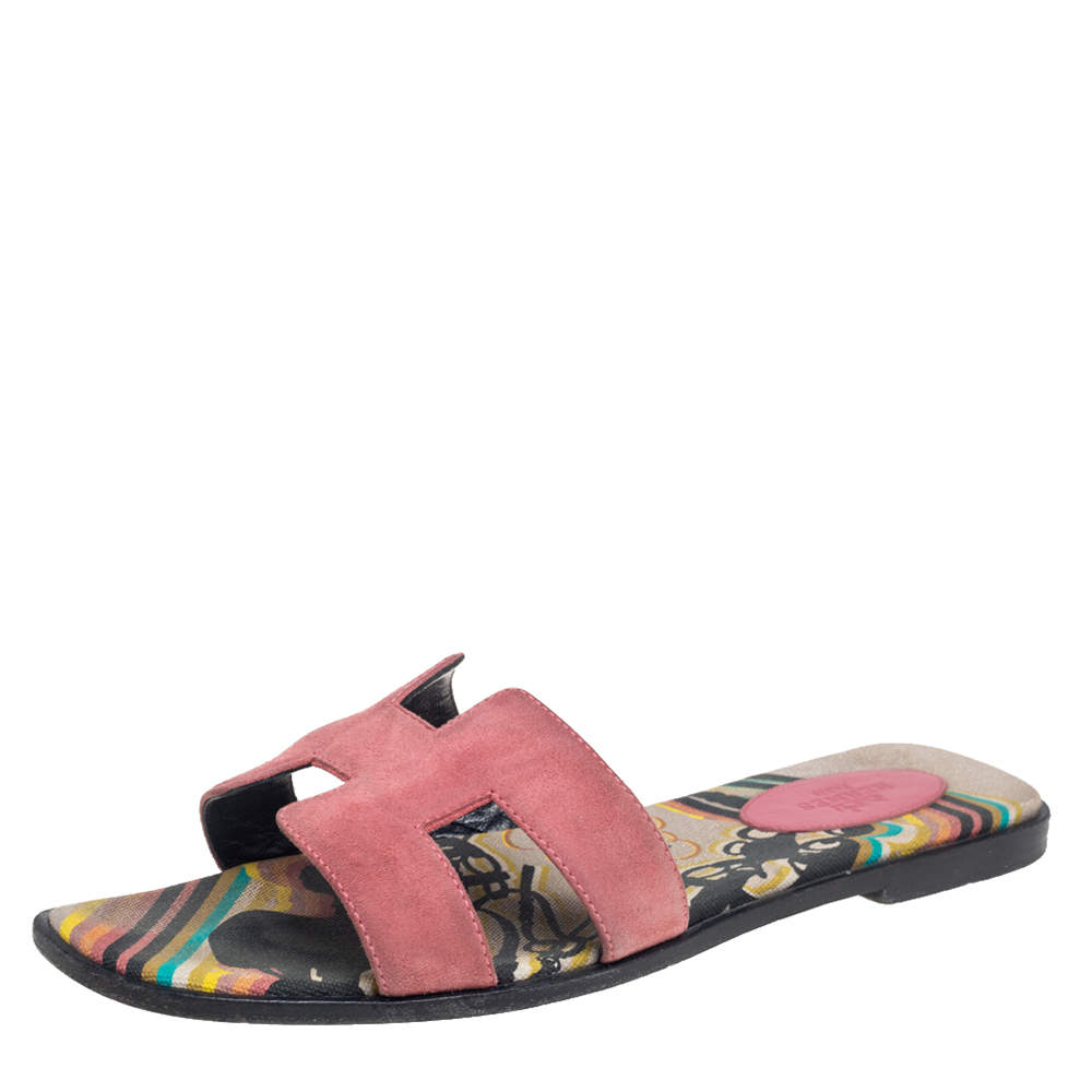 Pre Owned Hermes Pink Suede Oran Flat Slides Size 40
