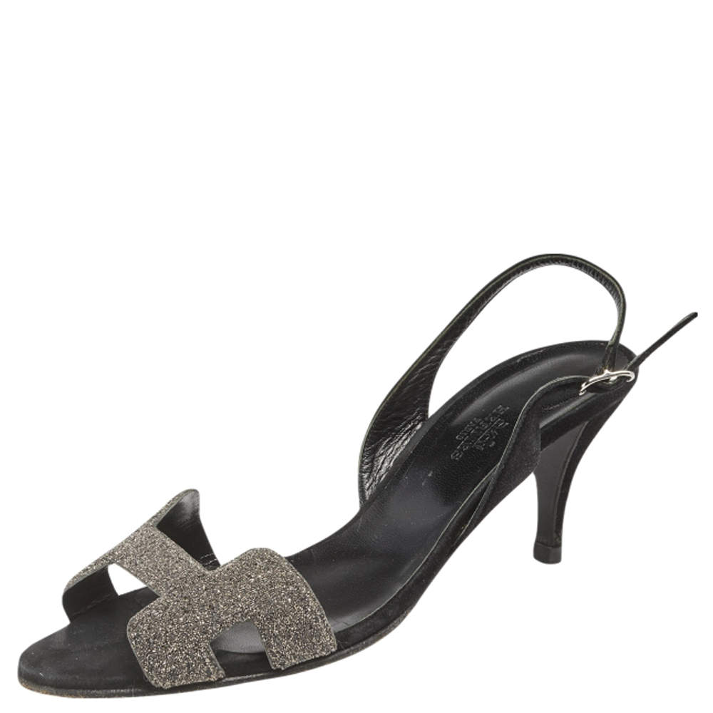 Pre Owned Hermes Black/Silver Glitter and Suede Night Slingback Sandals Size 38