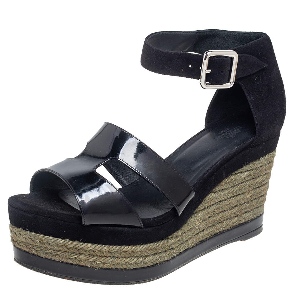 Hermes Black Suede and Patent Leather Ilana Espadrille Wedge