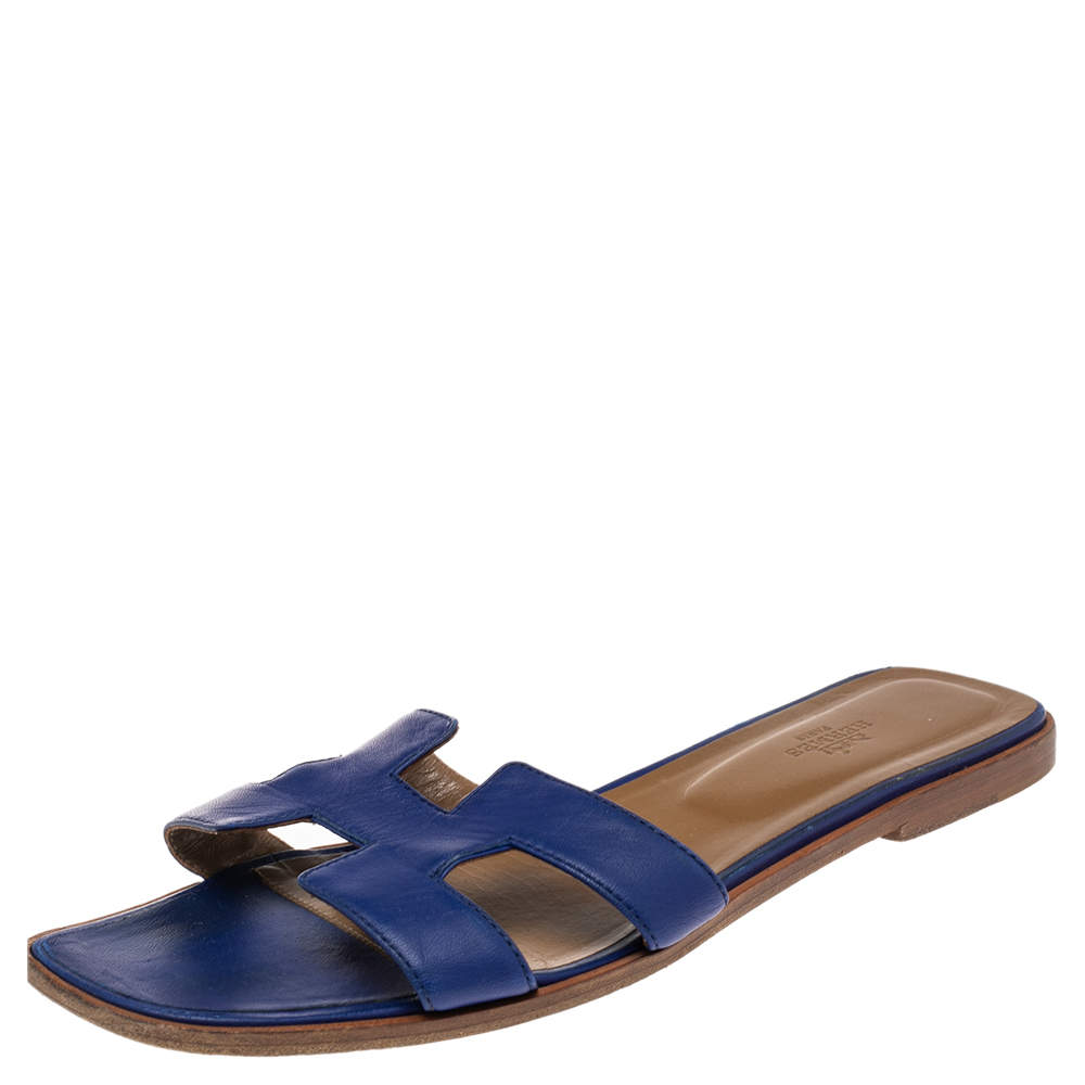 Pre Owned Hermes  Blue Leather Oran Flat Sandals 41.5