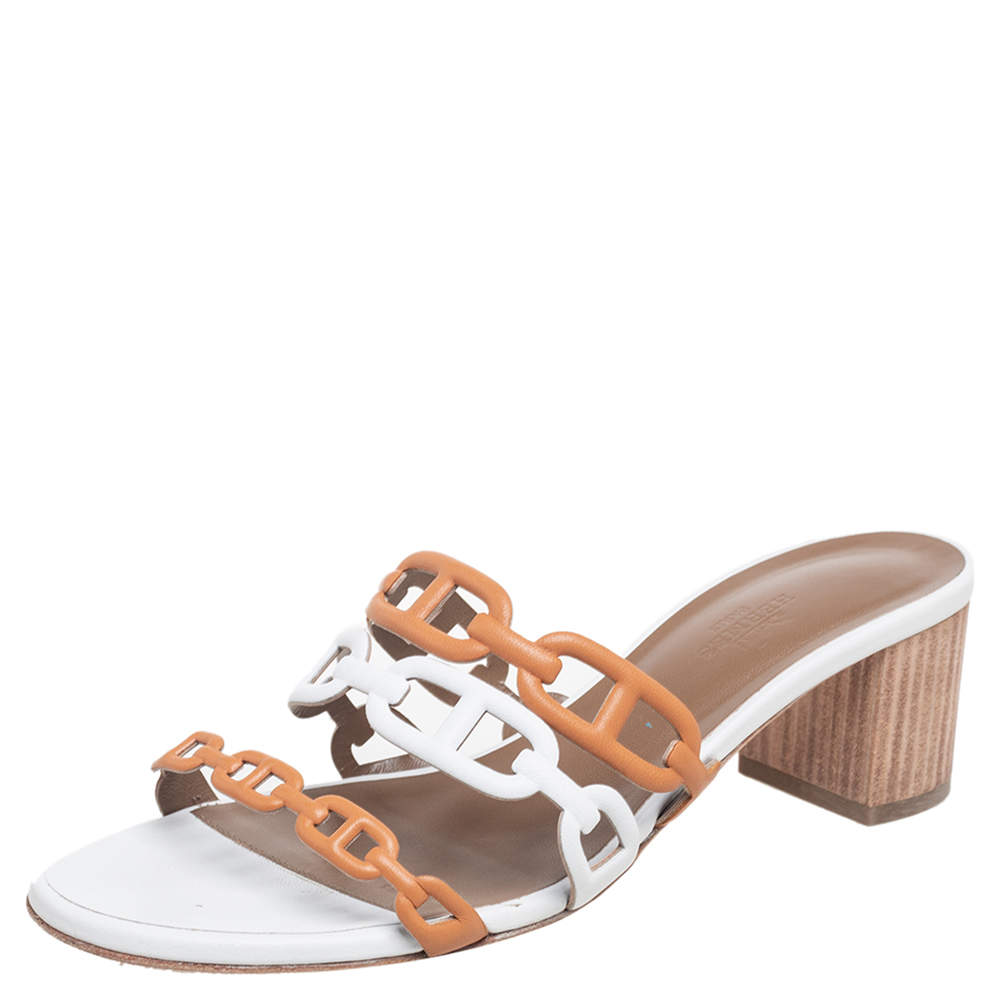 مملوكة مسبقًا Hermés White/Brown Leather Tandem Slide Sandals Size 37.5