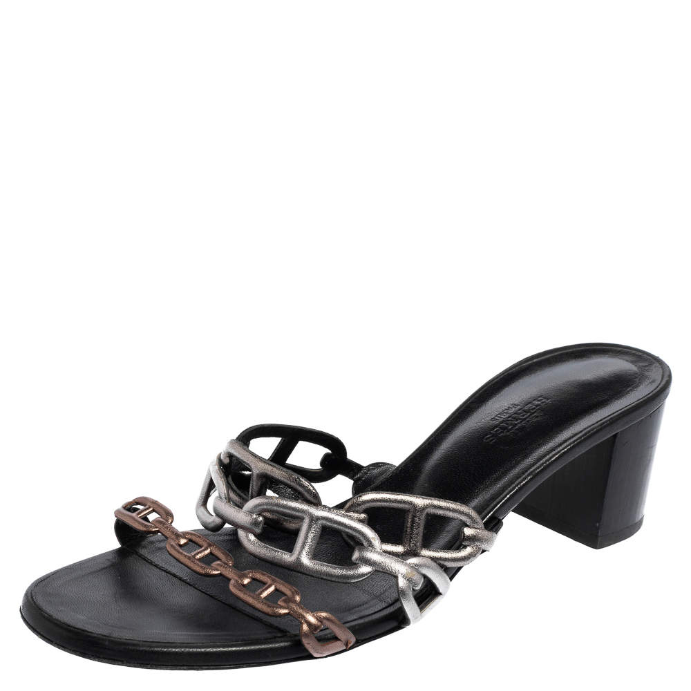 Hermès Metallic Silver Leather Chaine d'Ancre Sandals Size 38.5