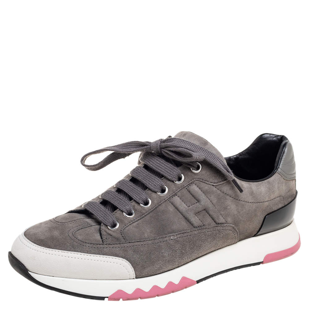 Pre Owned Hermes Grey Suede Trial Low-Top Sneakers Size 38