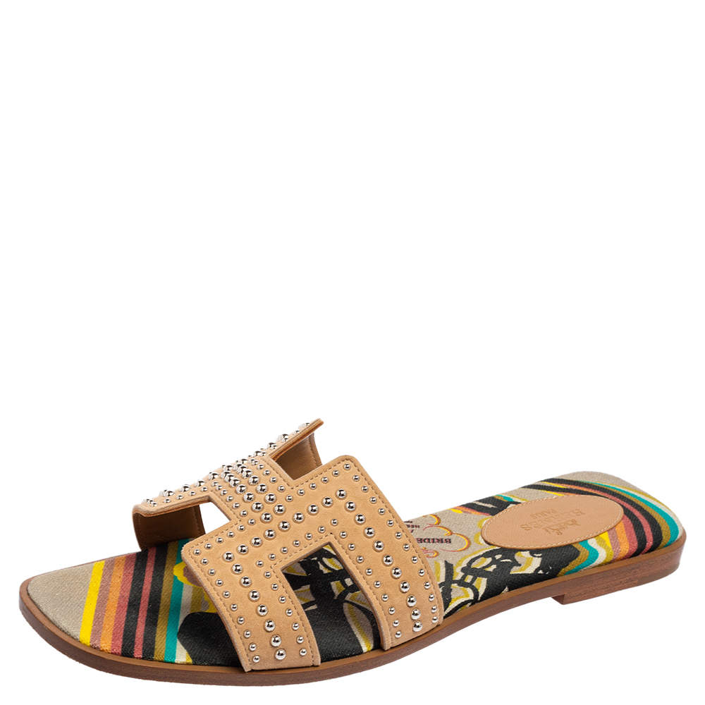 Hermes Beige Studded Suede Oran Flat Slides Size 39